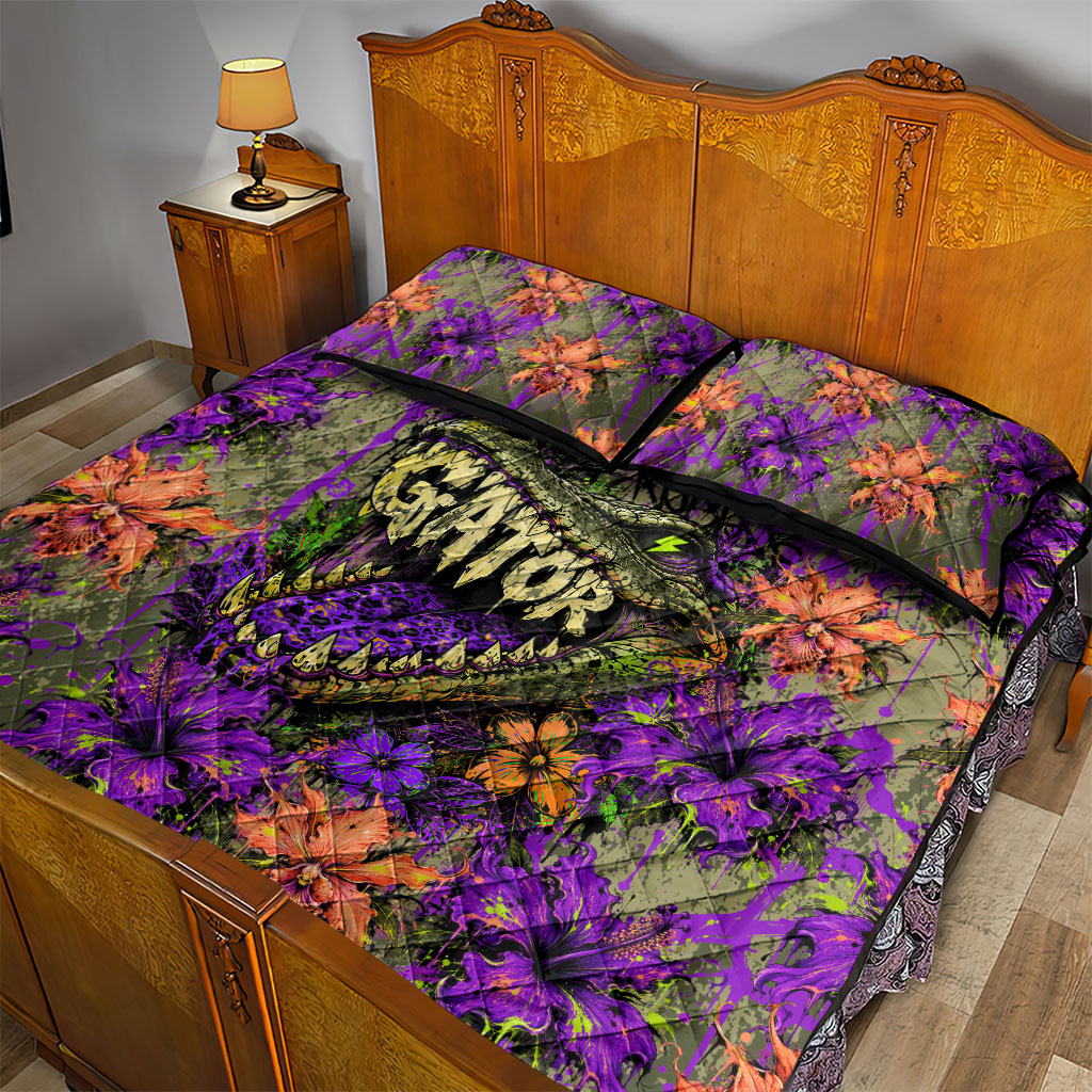 Florida Gator Wild Airboat Quilt Bed Set Tropical Hibiscus Floral Graffiti Paint Splatter Art
