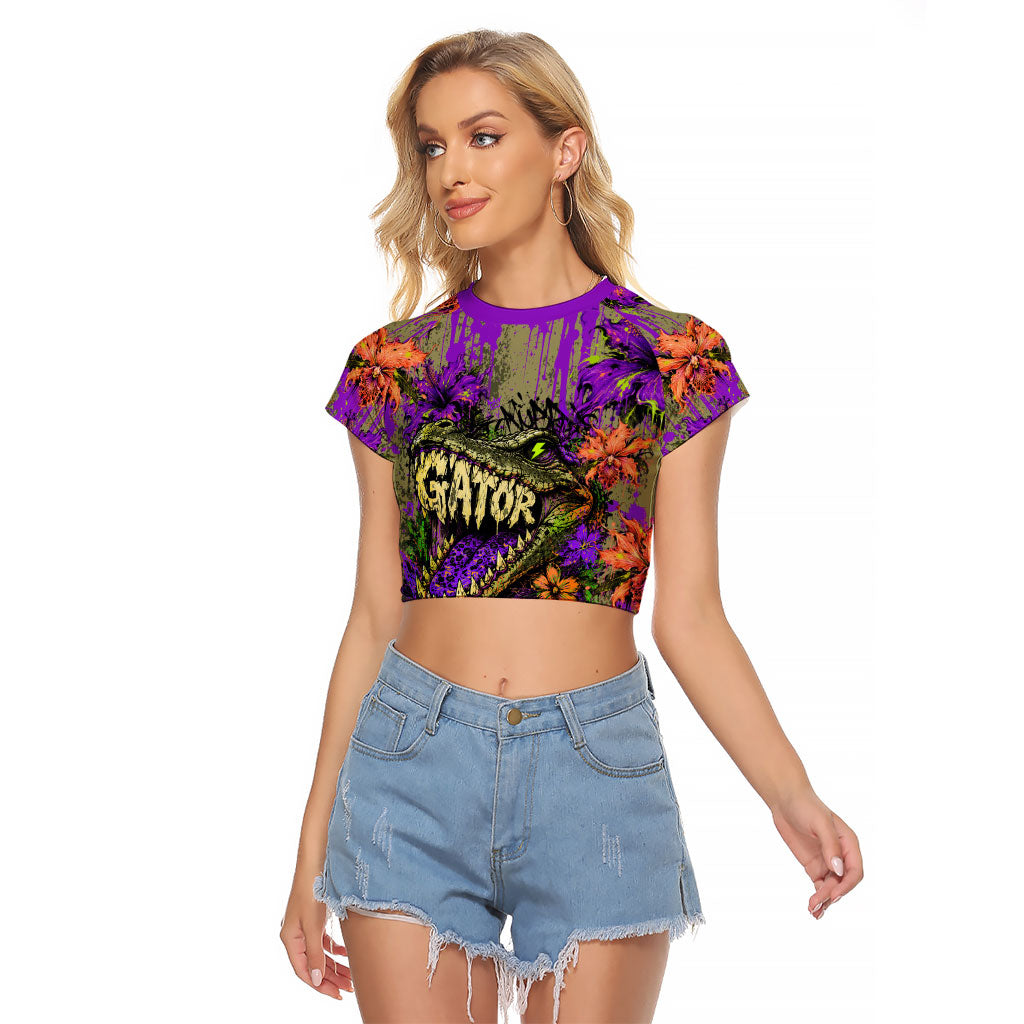 Florida Gator Wild Airboat Raglan Cropped T Shirt Tropical Hibiscus Floral Graffiti Paint Splatter Art
