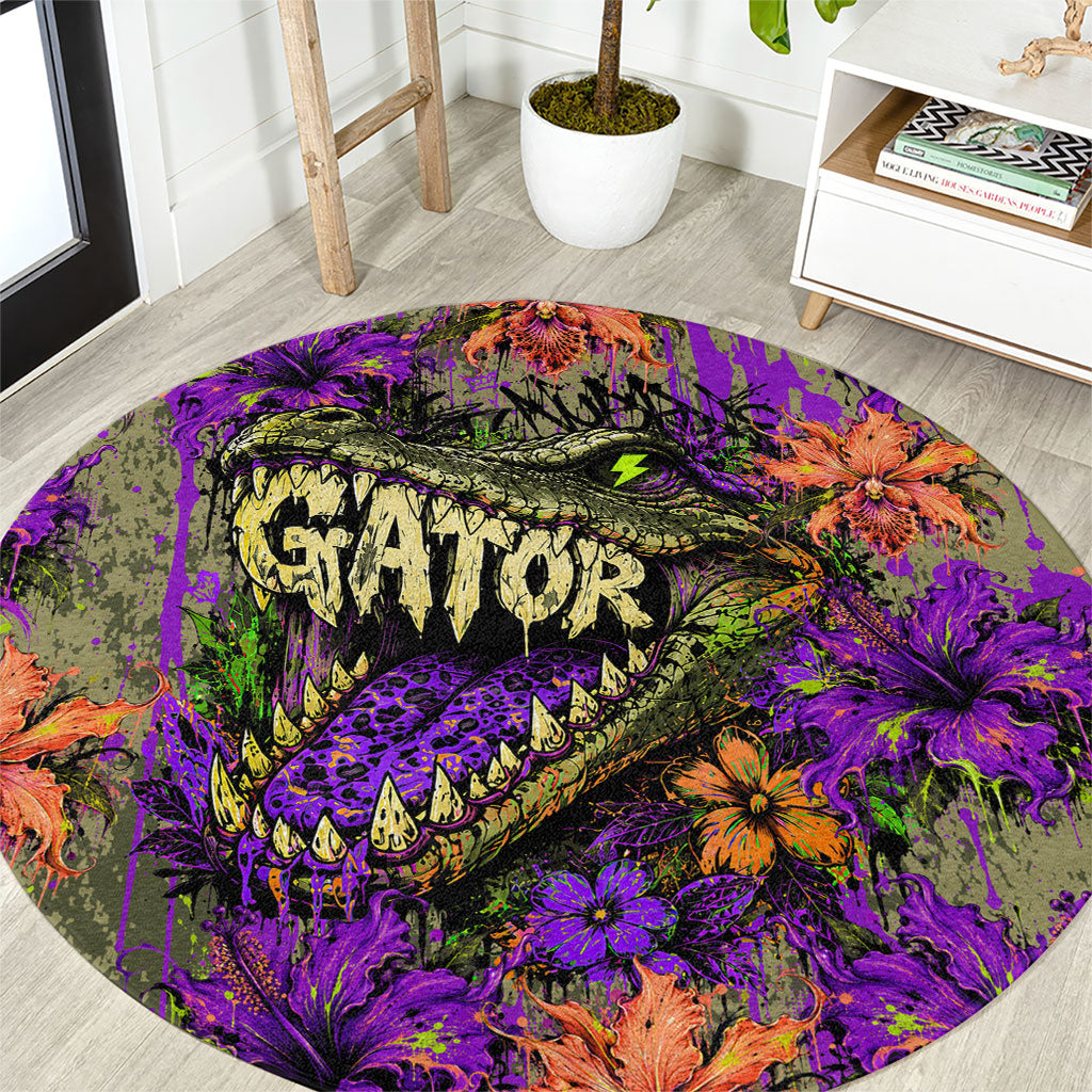 Florida Gator Wild Airboat Round Carpet Tropical Hibiscus Floral Graffiti Paint Splatter Art
