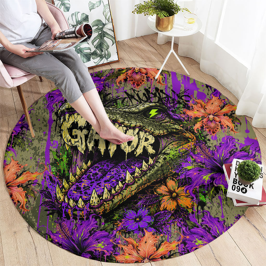 Florida Gator Wild Airboat Round Carpet Tropical Hibiscus Floral Graffiti Paint Splatter Art