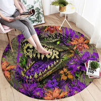 Florida Gator Wild Airboat Round Carpet Tropical Hibiscus Floral Graffiti Paint Splatter Art