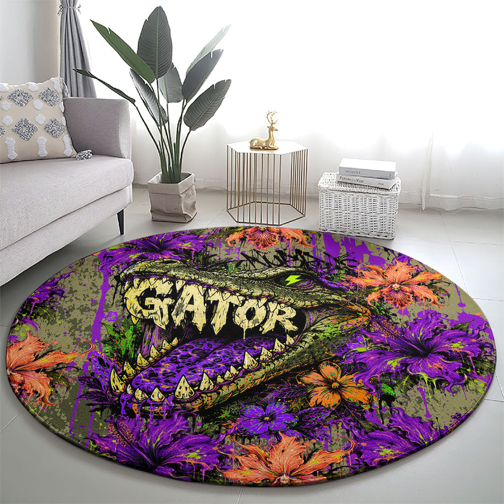Florida Gator Wild Airboat Round Carpet Tropical Hibiscus Floral Graffiti Paint Splatter Art
