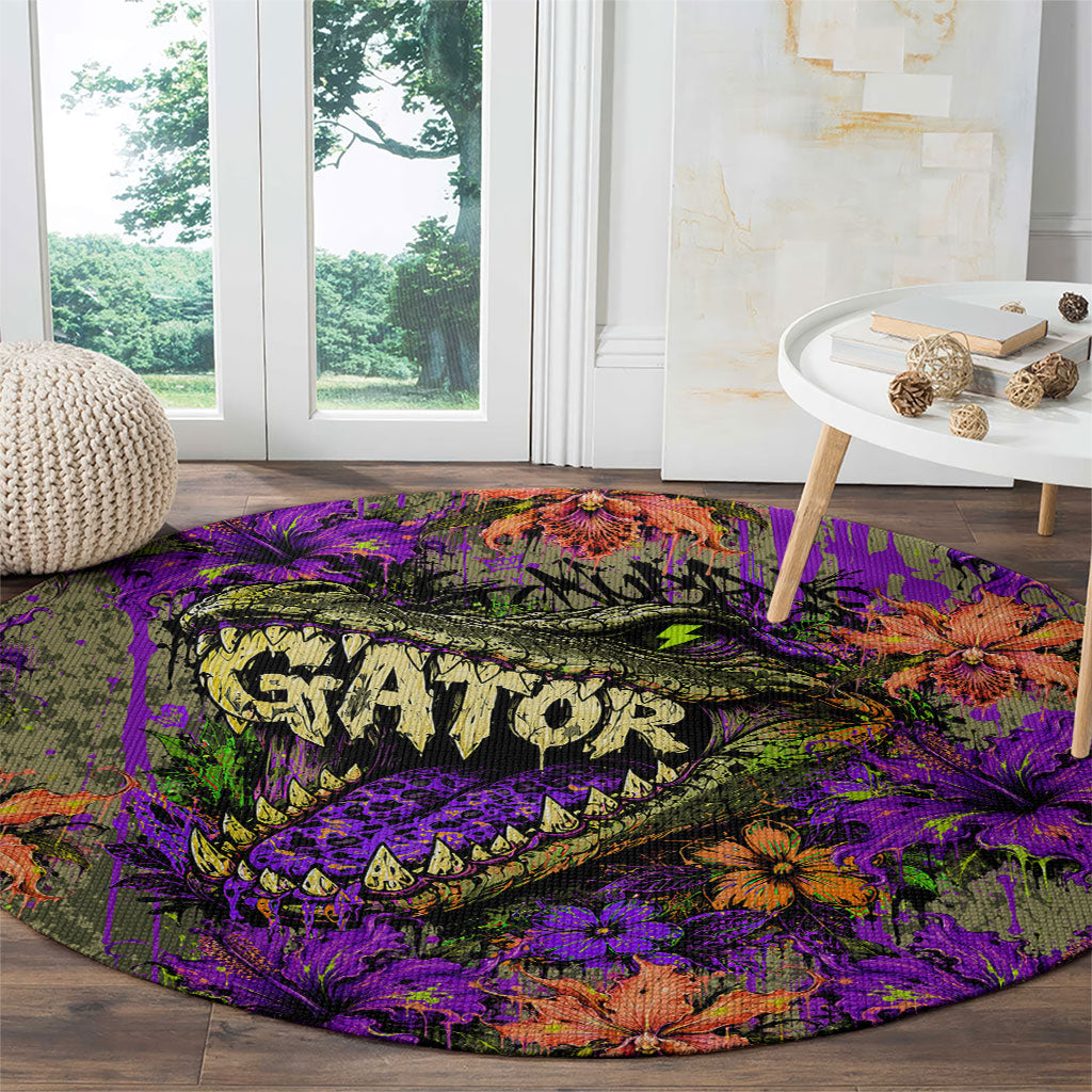 Florida Gator Wild Airboat Round Carpet Tropical Hibiscus Floral Graffiti Paint Splatter Art