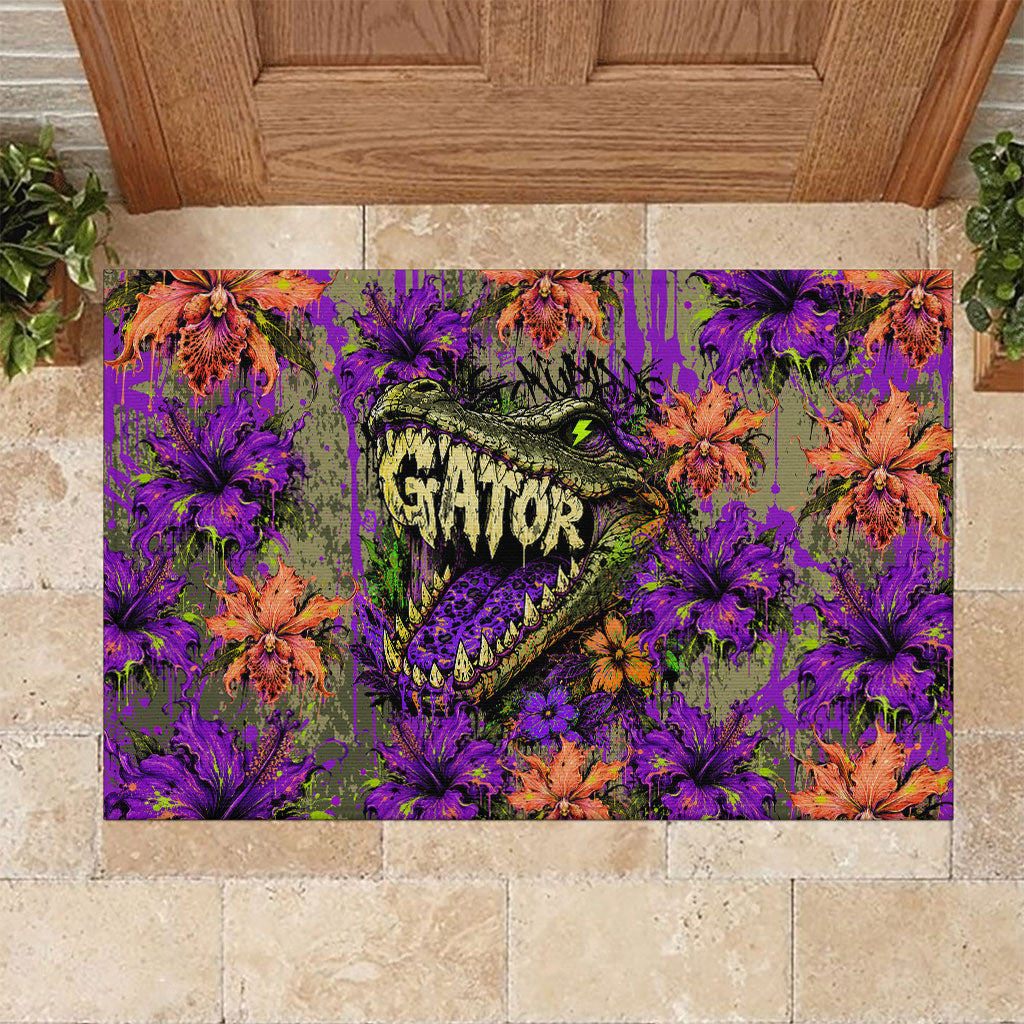 Florida Gator Wild Airboat Rubber Doormat Tropical Hibiscus Floral Graffiti Paint Splatter Art
