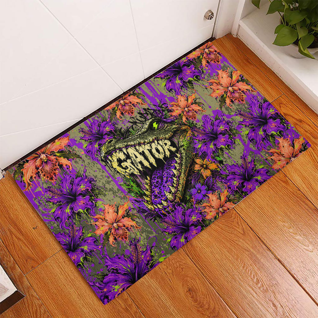 Florida Gator Wild Airboat Rubber Doormat Tropical Hibiscus Floral Graffiti Paint Splatter Art