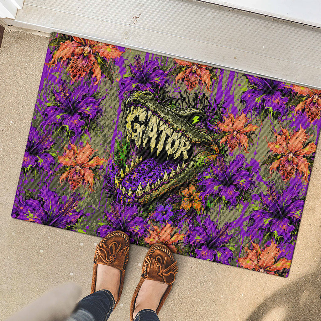 Florida Gator Wild Airboat Rubber Doormat Tropical Hibiscus Floral Graffiti Paint Splatter Art