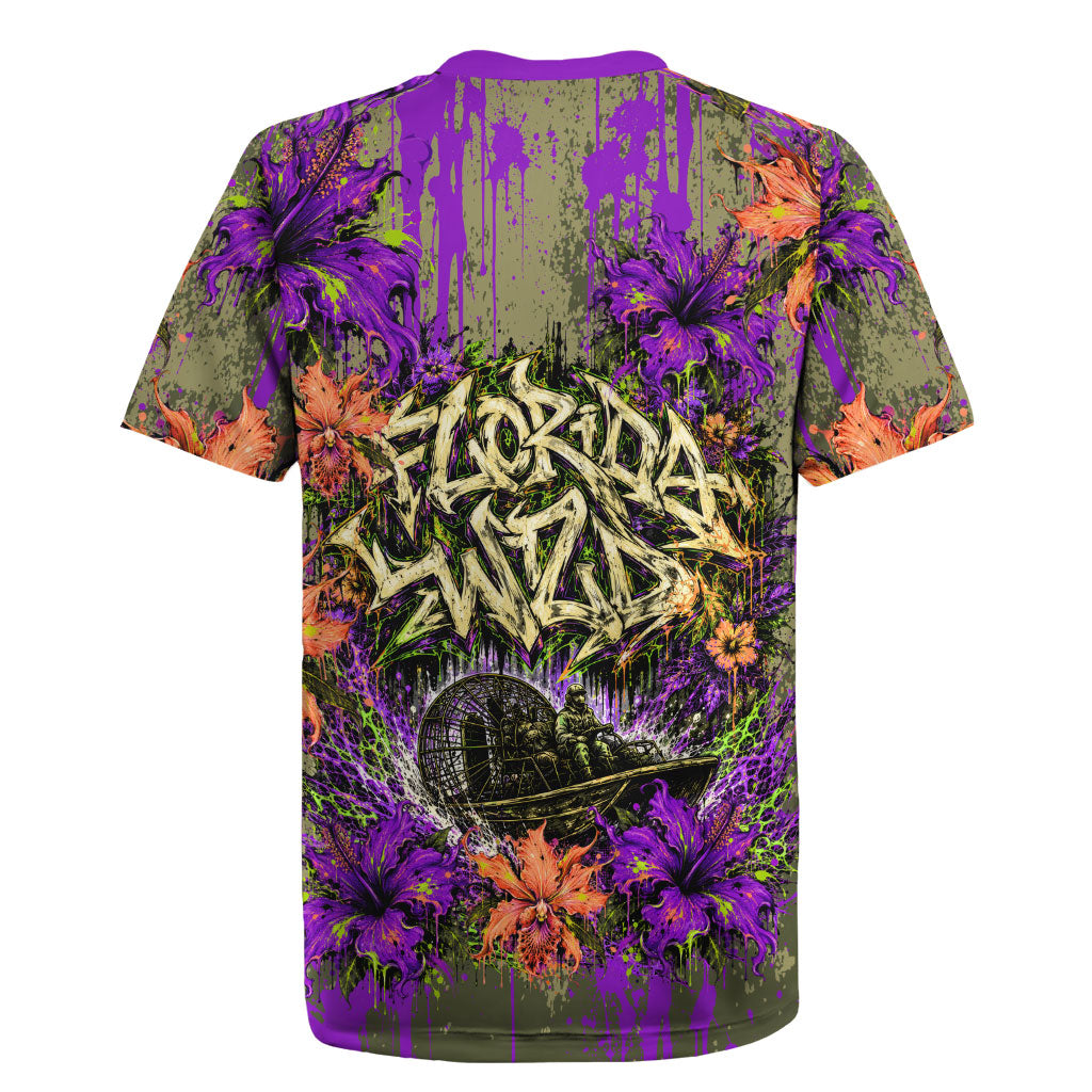 Florida Gator Wild Airboat Rugby Jersey Tropical Hibiscus Floral Graffiti Paint Splatter Art