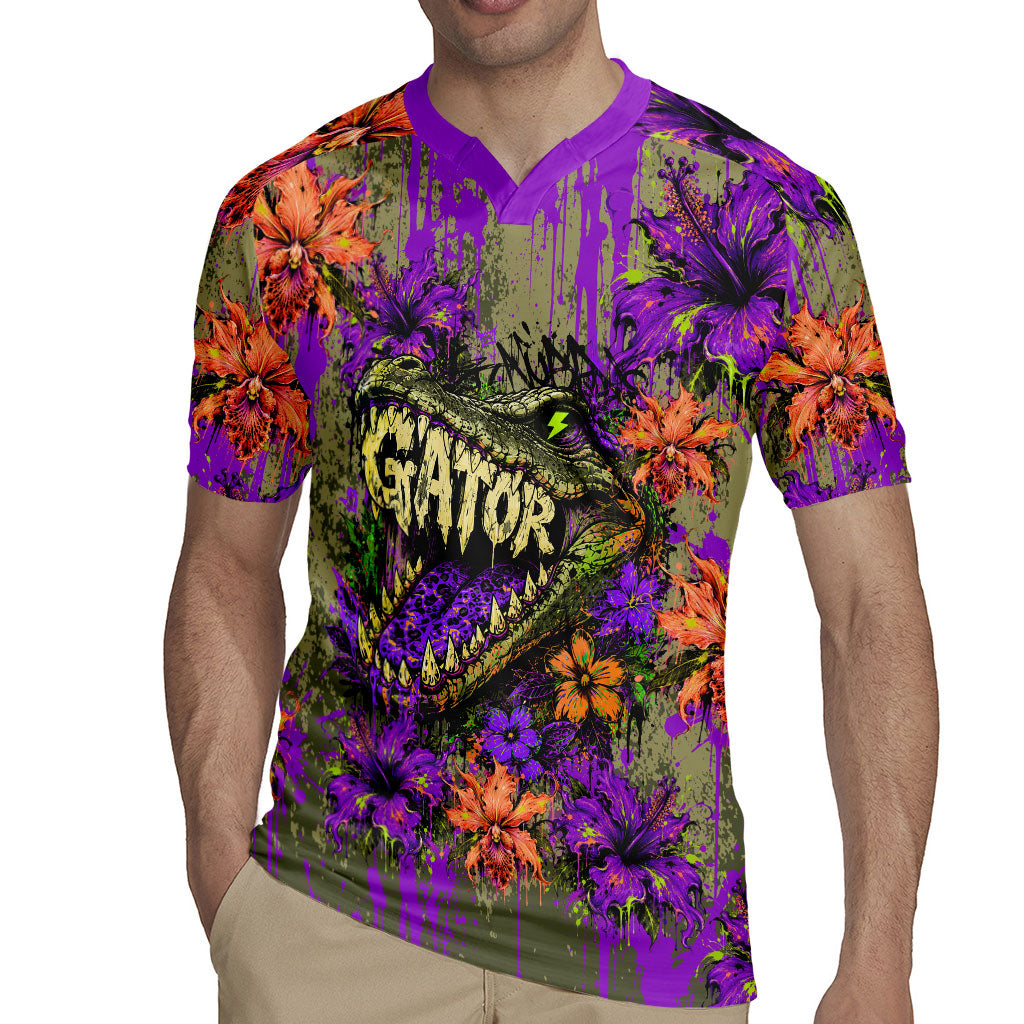 Florida Gator Wild Airboat Rugby Jersey Tropical Hibiscus Floral Graffiti Paint Splatter Art