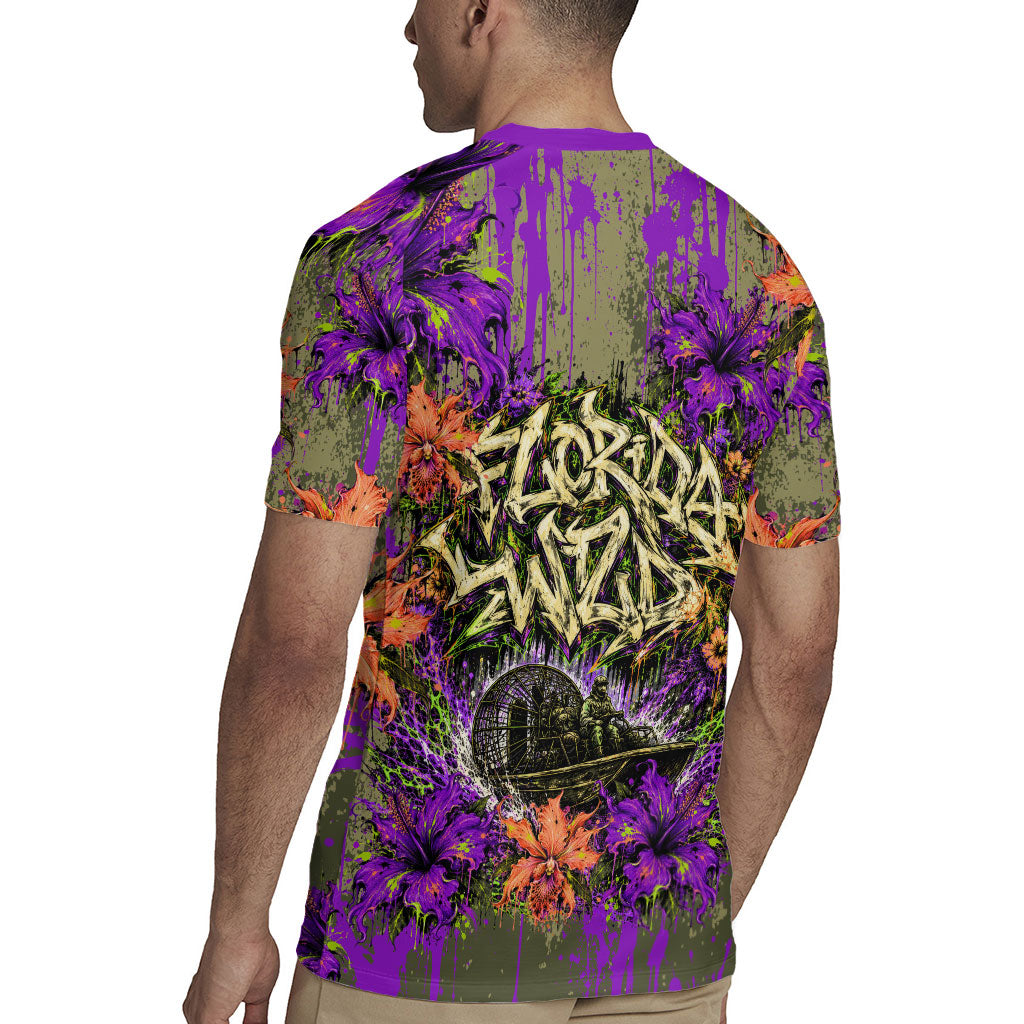 Florida Gator Wild Airboat Rugby Jersey Tropical Hibiscus Floral Graffiti Paint Splatter Art