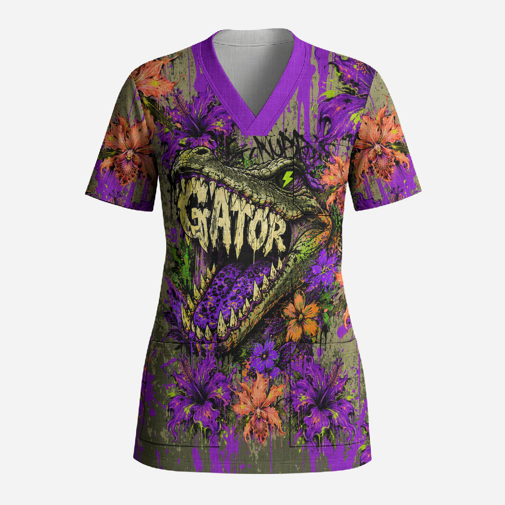 Florida Gator Wild Airboat Scrub Top Tropical Hibiscus Floral Graffiti Paint Splatter Art