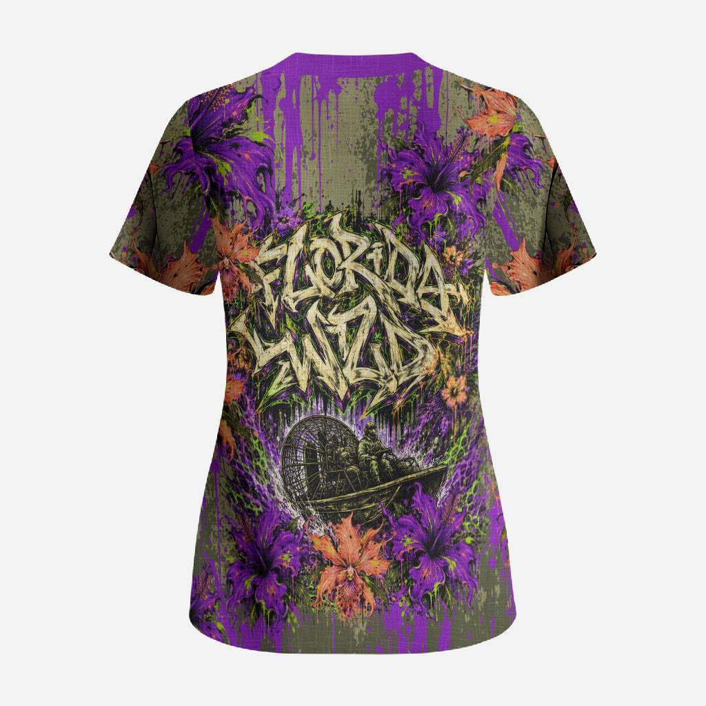 Florida Gator Wild Airboat Scrub Top Tropical Hibiscus Floral Graffiti Paint Splatter Art