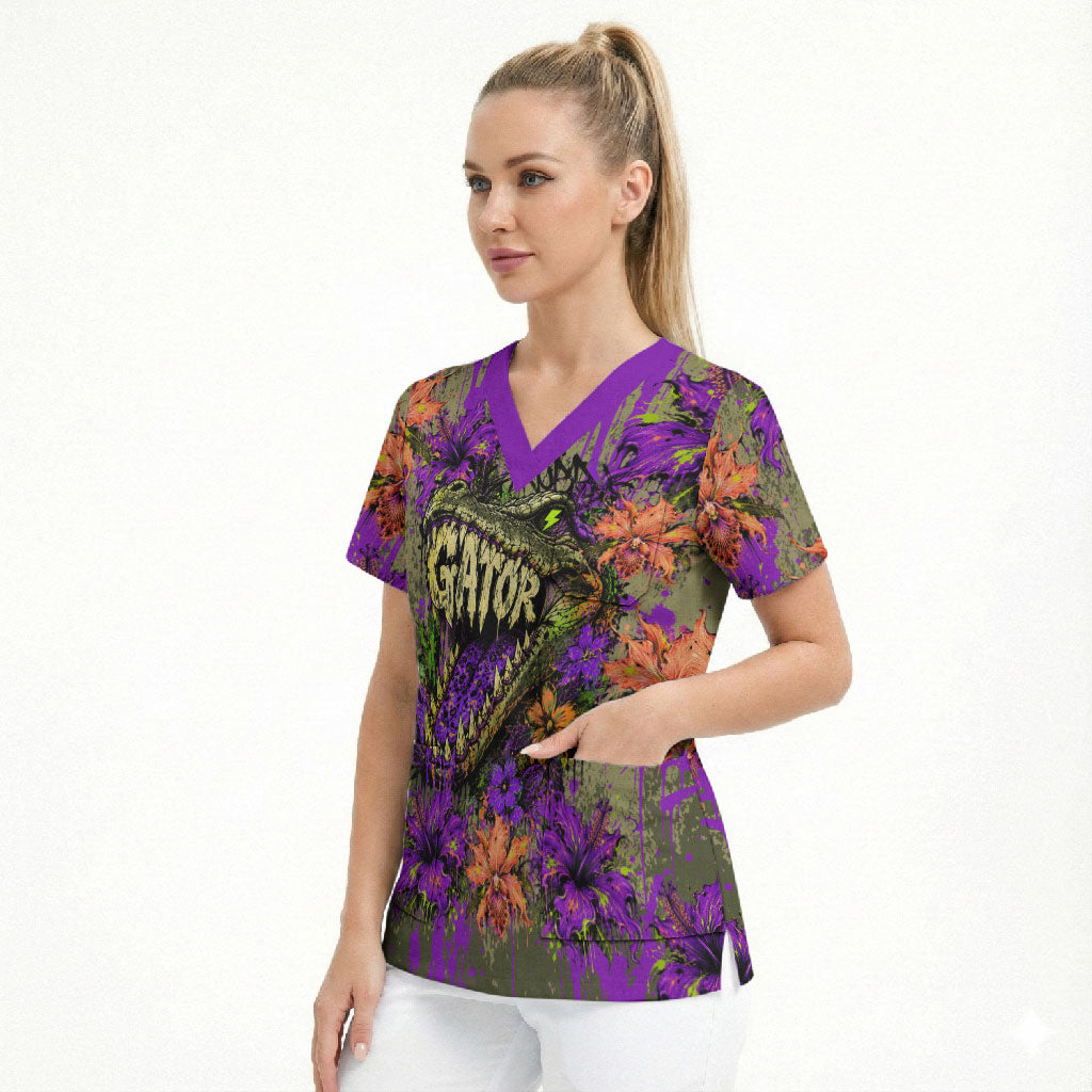 Florida Gator Wild Airboat Scrub Top Tropical Hibiscus Floral Graffiti Paint Splatter Art