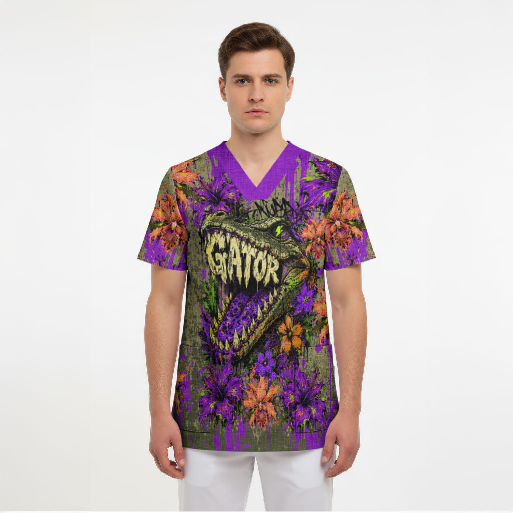 Florida Gator Wild Airboat Scrub Top Tropical Hibiscus Floral Graffiti Paint Splatter Art