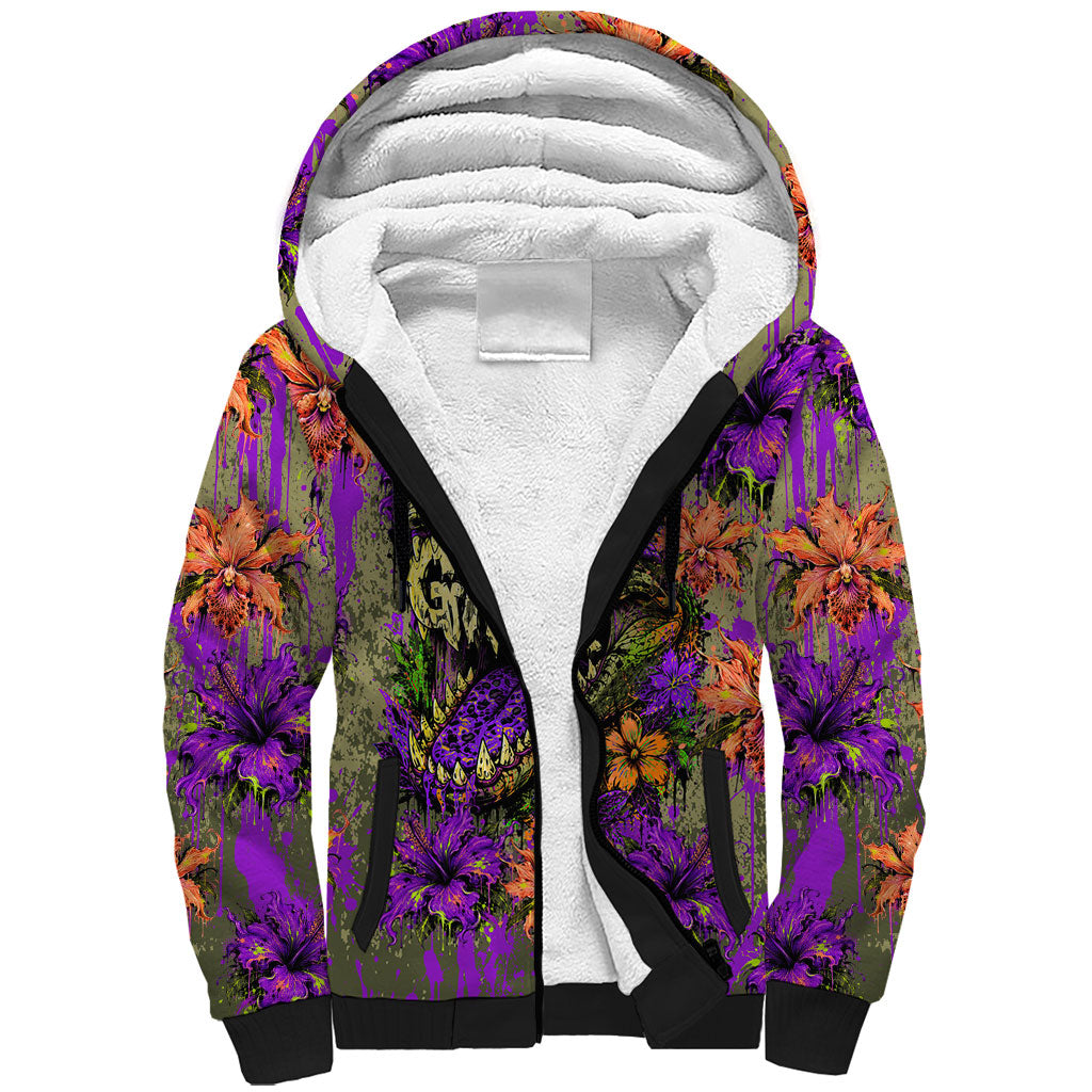 Florida Gator Wild Airboat Sherpa Hoodie Tropical Hibiscus Floral Graffiti Paint Splatter Art