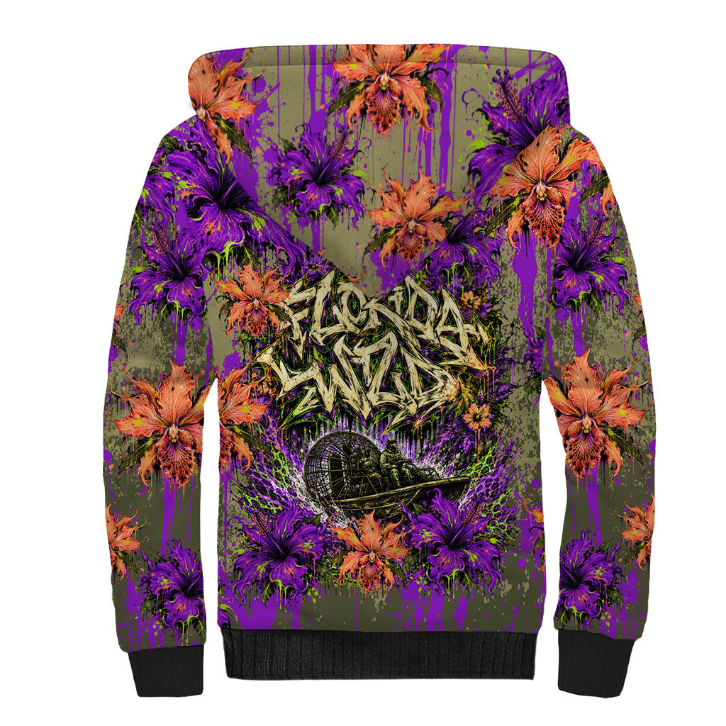 Florida Gator Wild Airboat Sherpa Hoodie Tropical Hibiscus Floral Graffiti Paint Splatter Art