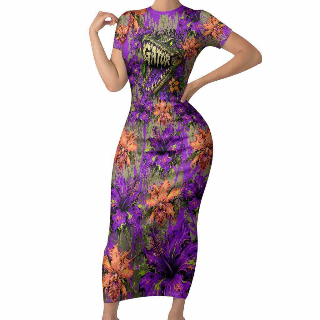 Florida Gator Wild Airboat Short Sleeve Bodycon Dress Tropical Hibiscus Floral Graffiti Paint Splatter Art