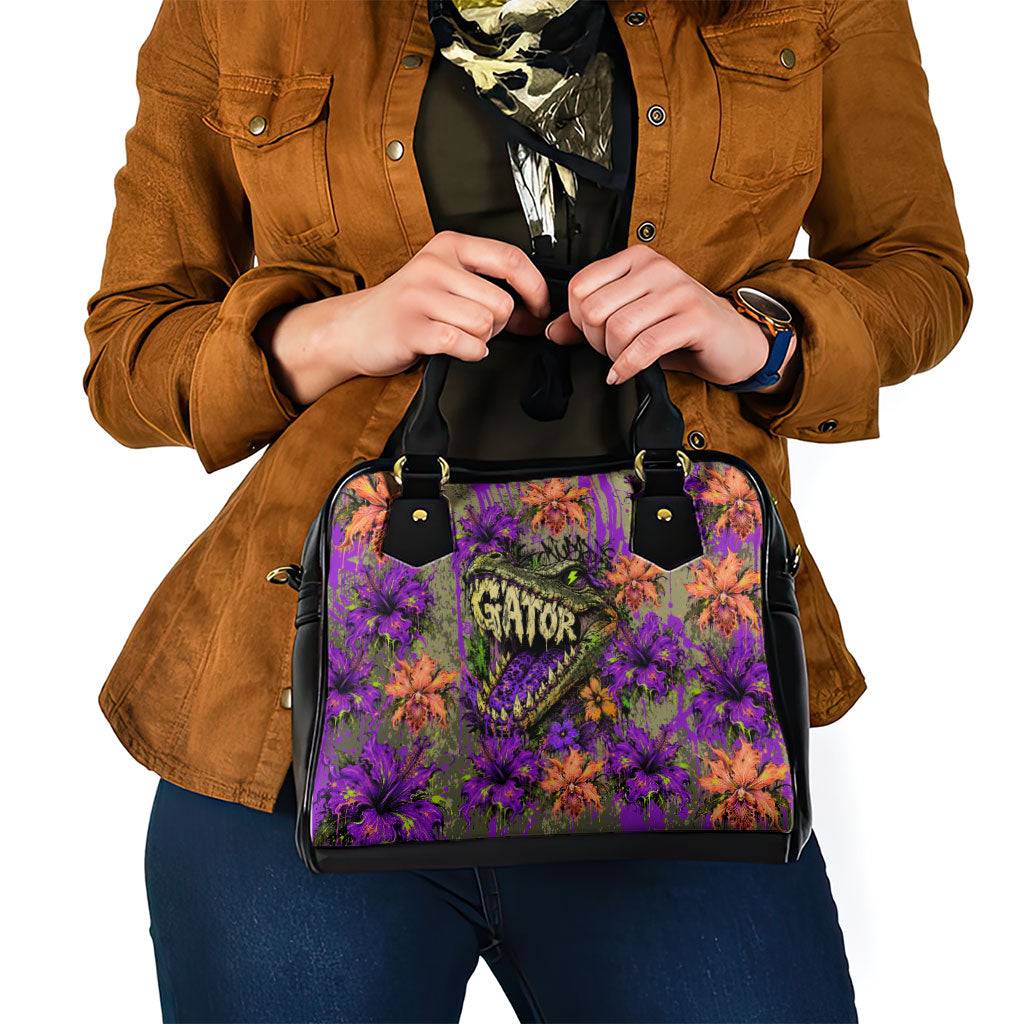 Florida Gator Wild Airboat Shoulder Handbag Tropical Hibiscus Floral Graffiti Paint Splatter Art