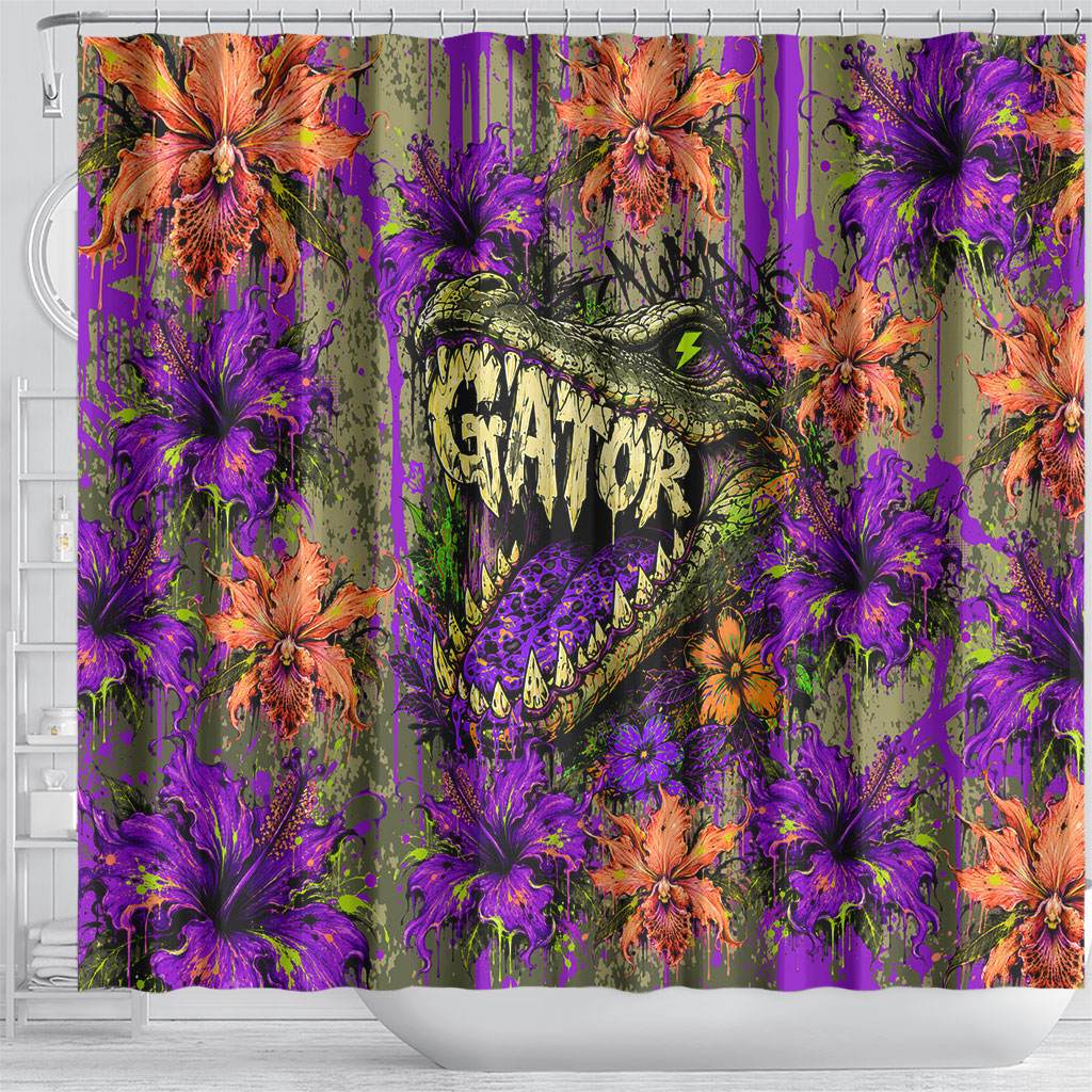 Florida Gator Wild Airboat Shower Curtain Tropical Hibiscus Floral Graffiti Paint Splatter Art
