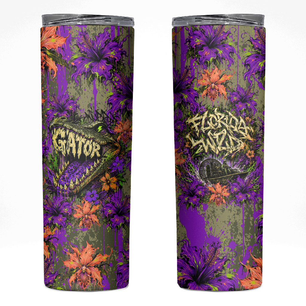 Florida Gator Wild Airboat Skinny Tumbler Tropical Hibiscus Floral Graffiti Paint Splatter Art