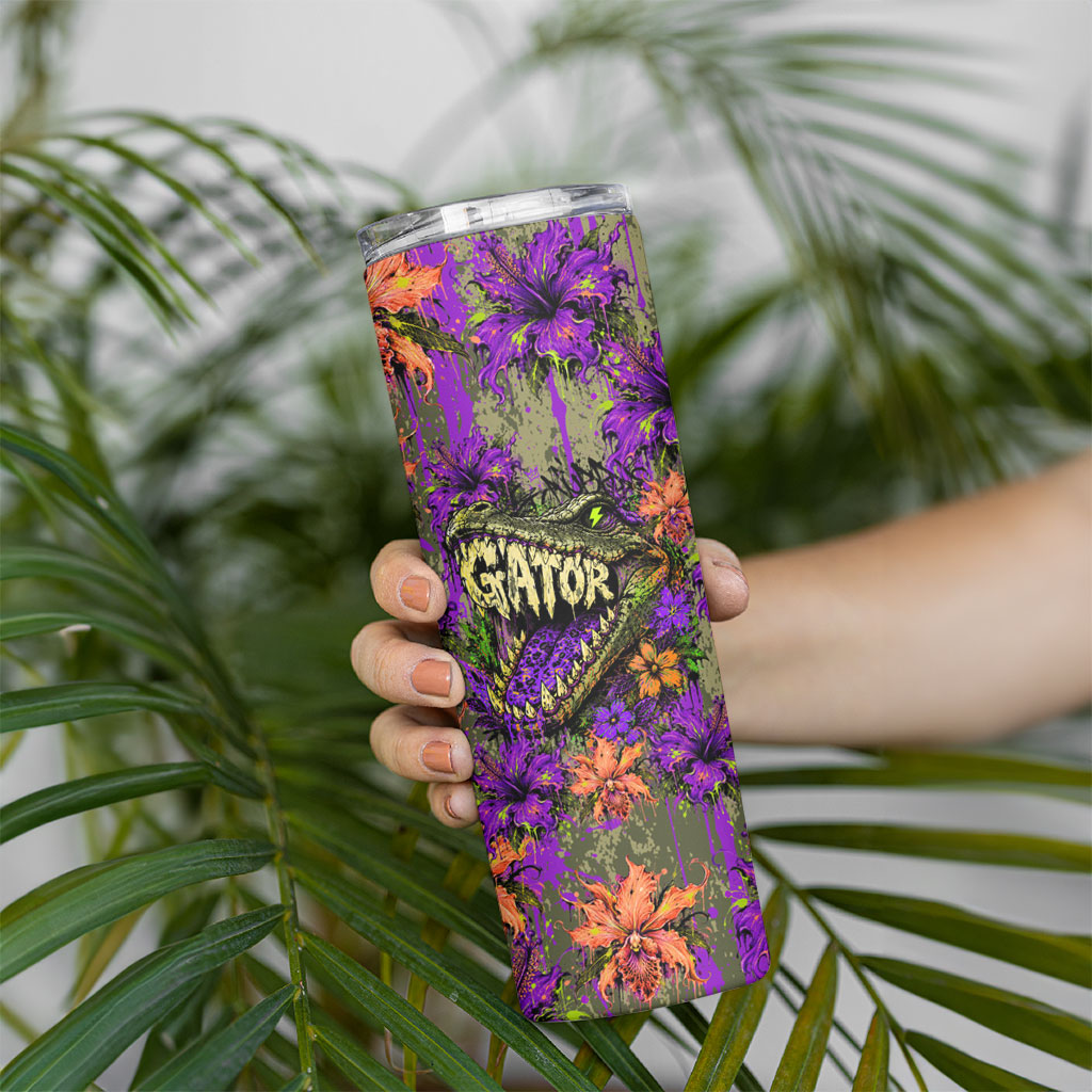 Florida Gator Wild Airboat Skinny Tumbler Tropical Hibiscus Floral Graffiti Paint Splatter Art