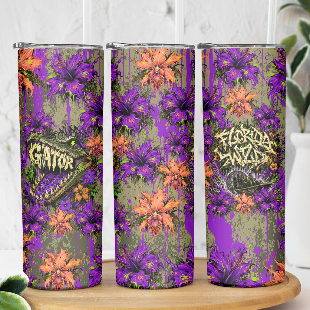 Florida Gator Wild Airboat Skinny Tumbler Tropical Hibiscus Floral Graffiti Paint Splatter Art