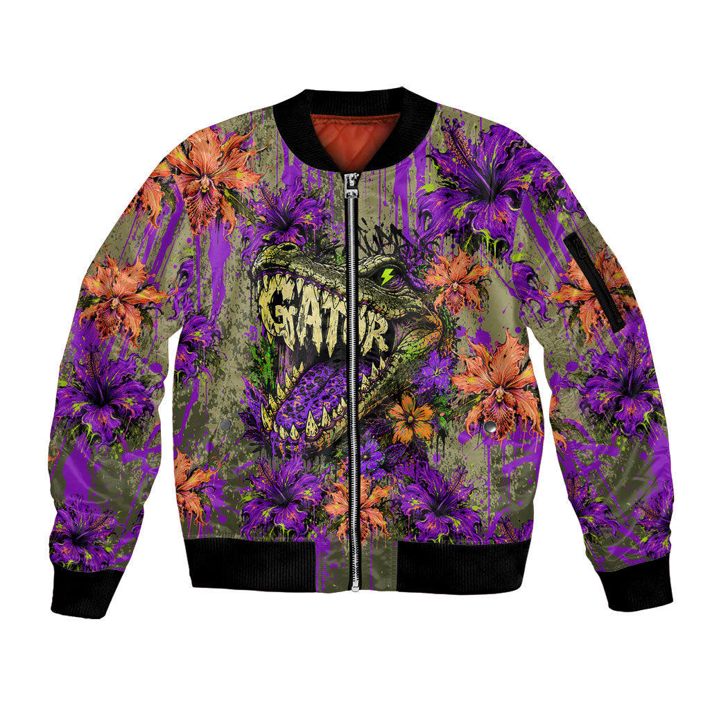 Florida Gator Wild Airboat Sleeve Zip Bomber Jacket Tropical Hibiscus Floral Graffiti Paint Splatter Art