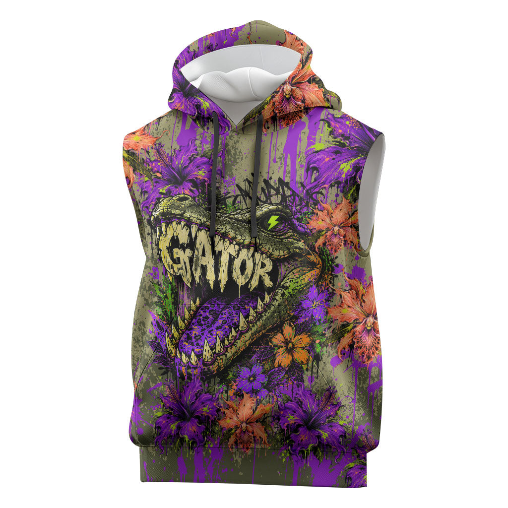 Florida Gator Wild Airboat Sleeveless Hoodie Tropical Hibiscus Floral Graffiti Paint Splatter Art