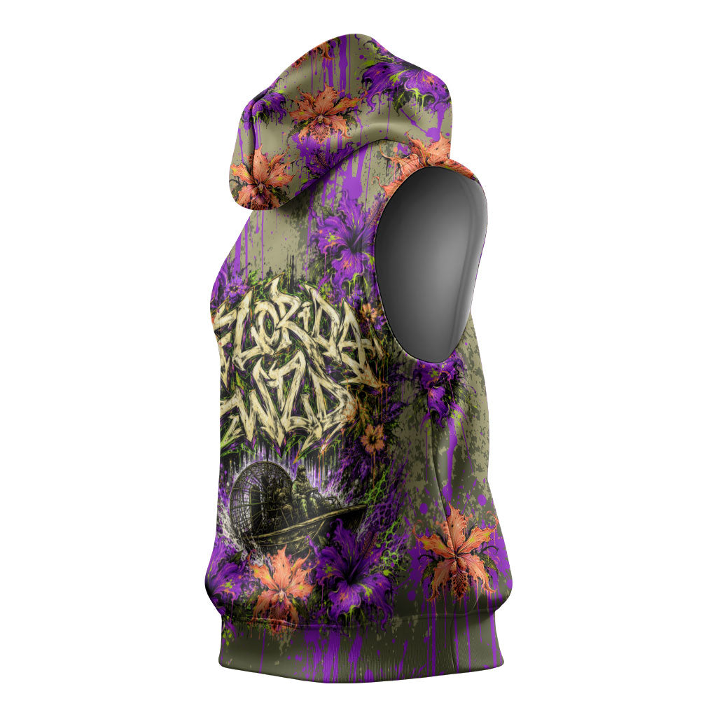 Florida Gator Wild Airboat Sleeveless Hoodie Tropical Hibiscus Floral Graffiti Paint Splatter Art