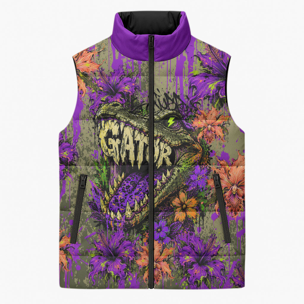Florida Gator Wild Airboat Sleeveless Puffer Jacket Tropical Hibiscus Floral Graffiti Paint Splatter Art