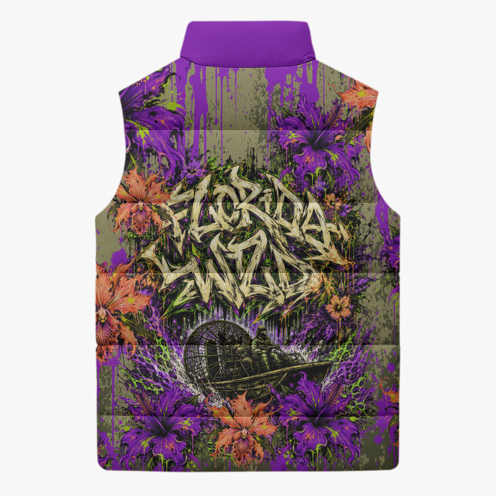Florida Gator Wild Airboat Sleeveless Puffer Jacket Tropical Hibiscus Floral Graffiti Paint Splatter Art