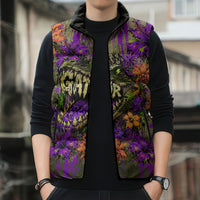 Florida Gator Wild Airboat Sleeveless Puffer Jacket Tropical Hibiscus Floral Graffiti Paint Splatter Art
