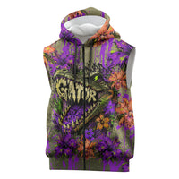 Florida Gator Wild Airboat Sleeveless Zip Hoodie Tropical Hibiscus Floral Graffiti Paint Splatter Art