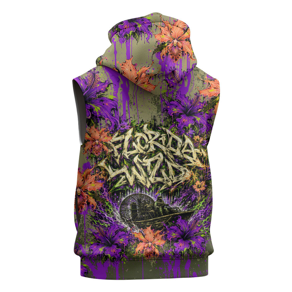 Florida Gator Wild Airboat Sleeveless Zip Hoodie Tropical Hibiscus Floral Graffiti Paint Splatter Art