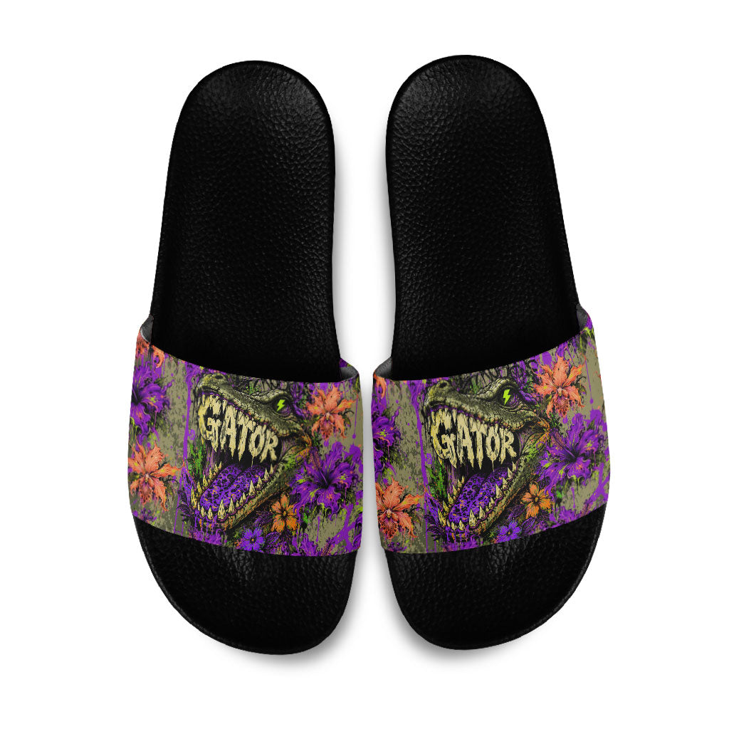 Florida Gator Wild Airboat Slide Sandals Tropical Hibiscus Floral Graffiti Paint Splatter Art