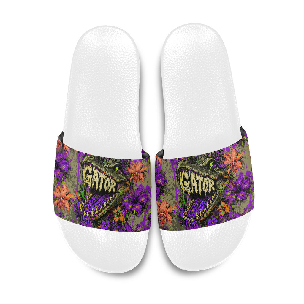 Florida Gator Wild Airboat Slide Sandals Tropical Hibiscus Floral Graffiti Paint Splatter Art