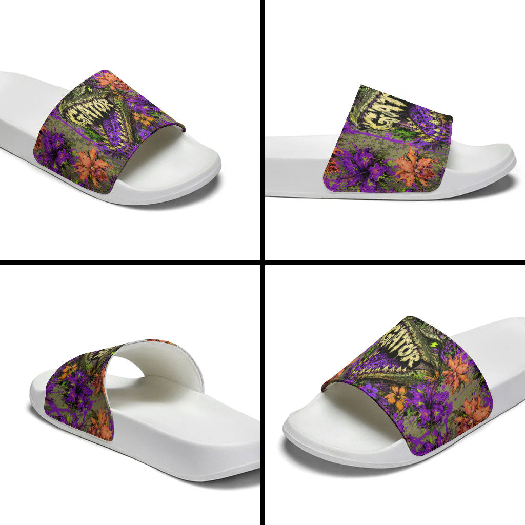 Florida Gator Wild Airboat Slide Sandals Tropical Hibiscus Floral Graffiti Paint Splatter Art