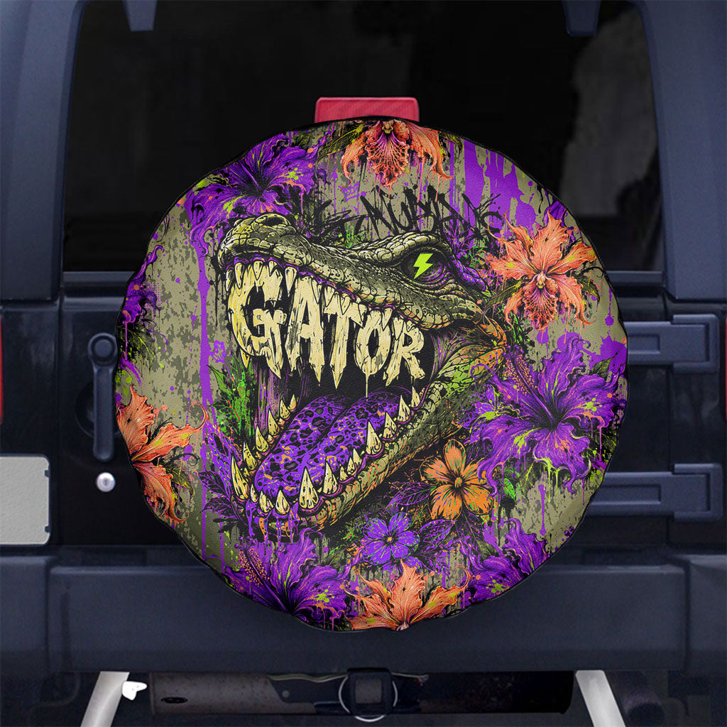 Florida Gator Wild Airboat Spare Tire Cover Tropical Hibiscus Floral Graffiti Paint Splatter Art