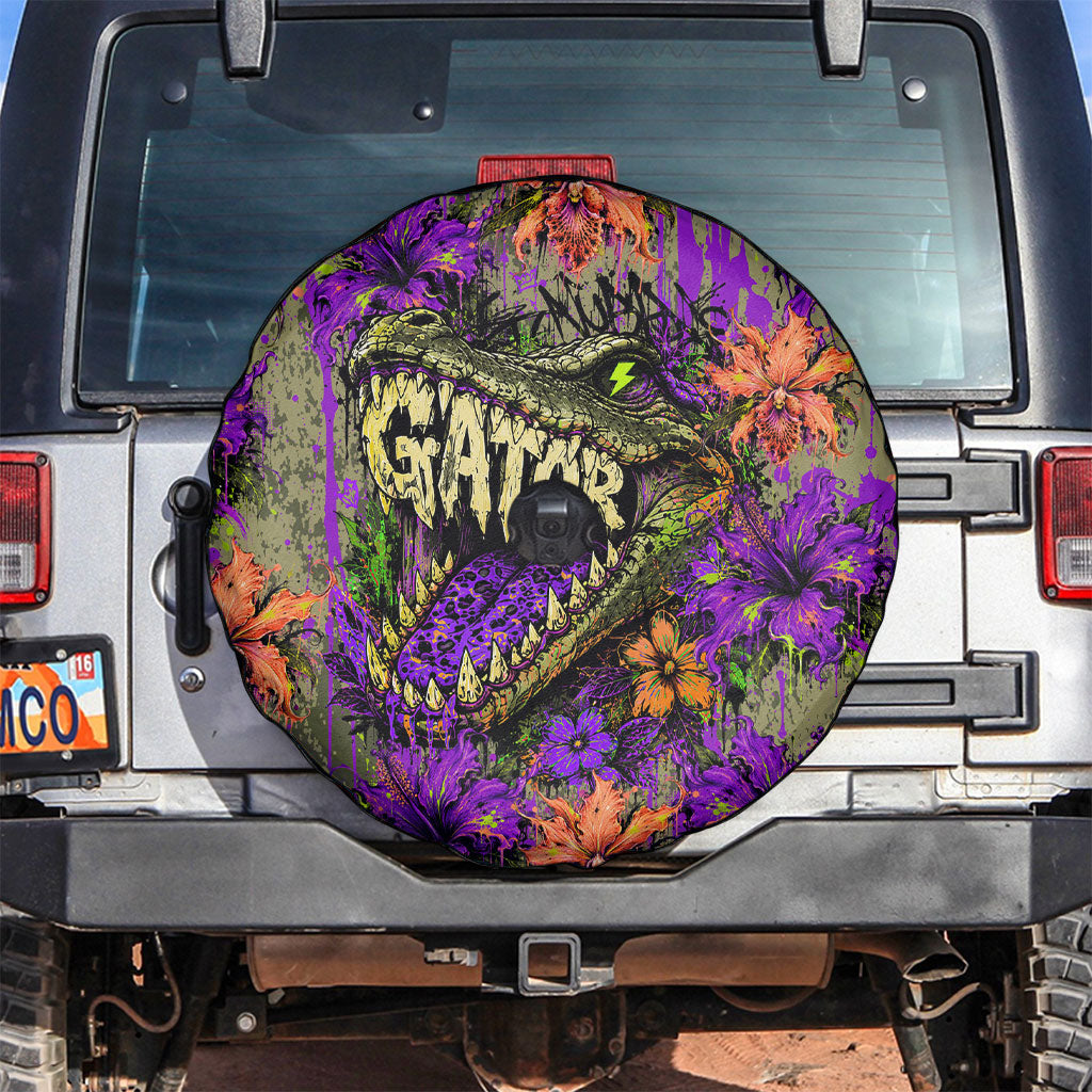 Florida Gator Wild Airboat Spare Tire Cover Tropical Hibiscus Floral Graffiti Paint Splatter Art