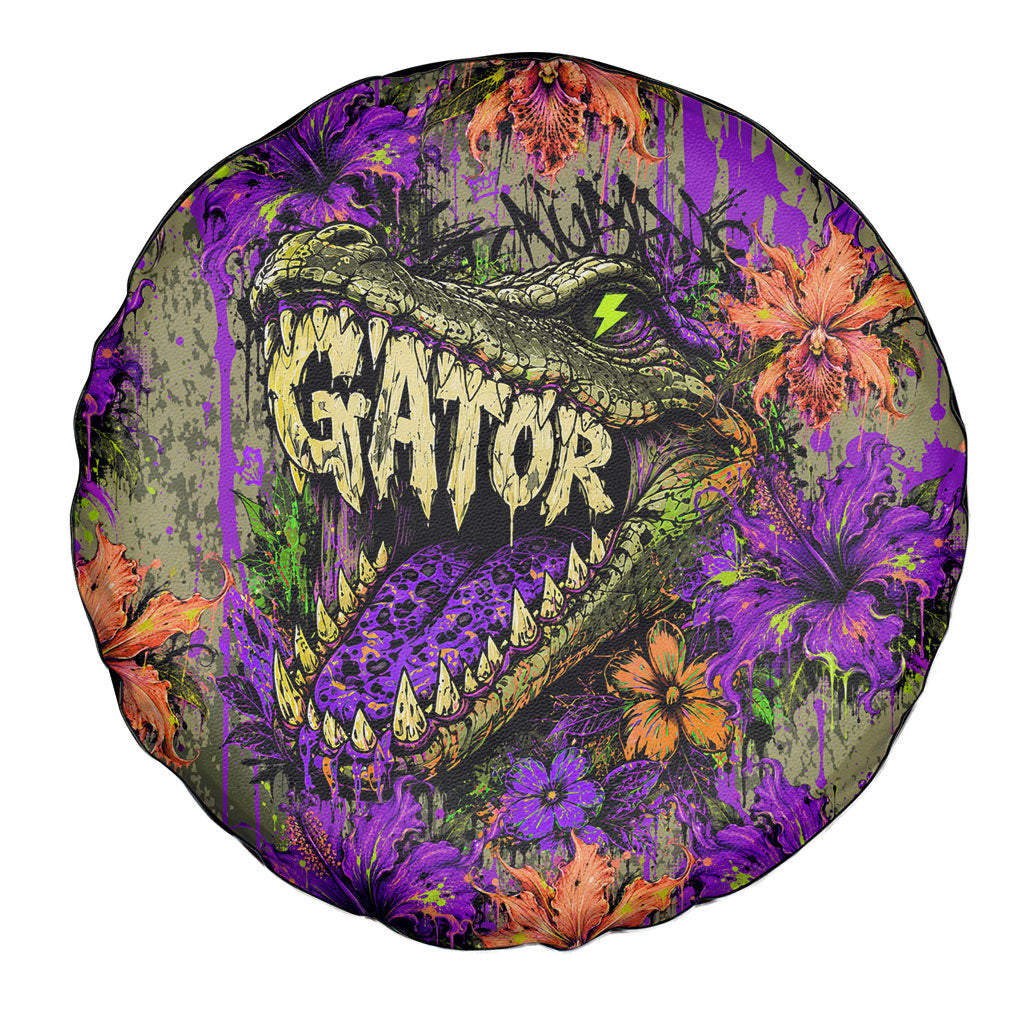 Florida Gator Wild Airboat Spare Tire Cover Tropical Hibiscus Floral Graffiti Paint Splatter Art