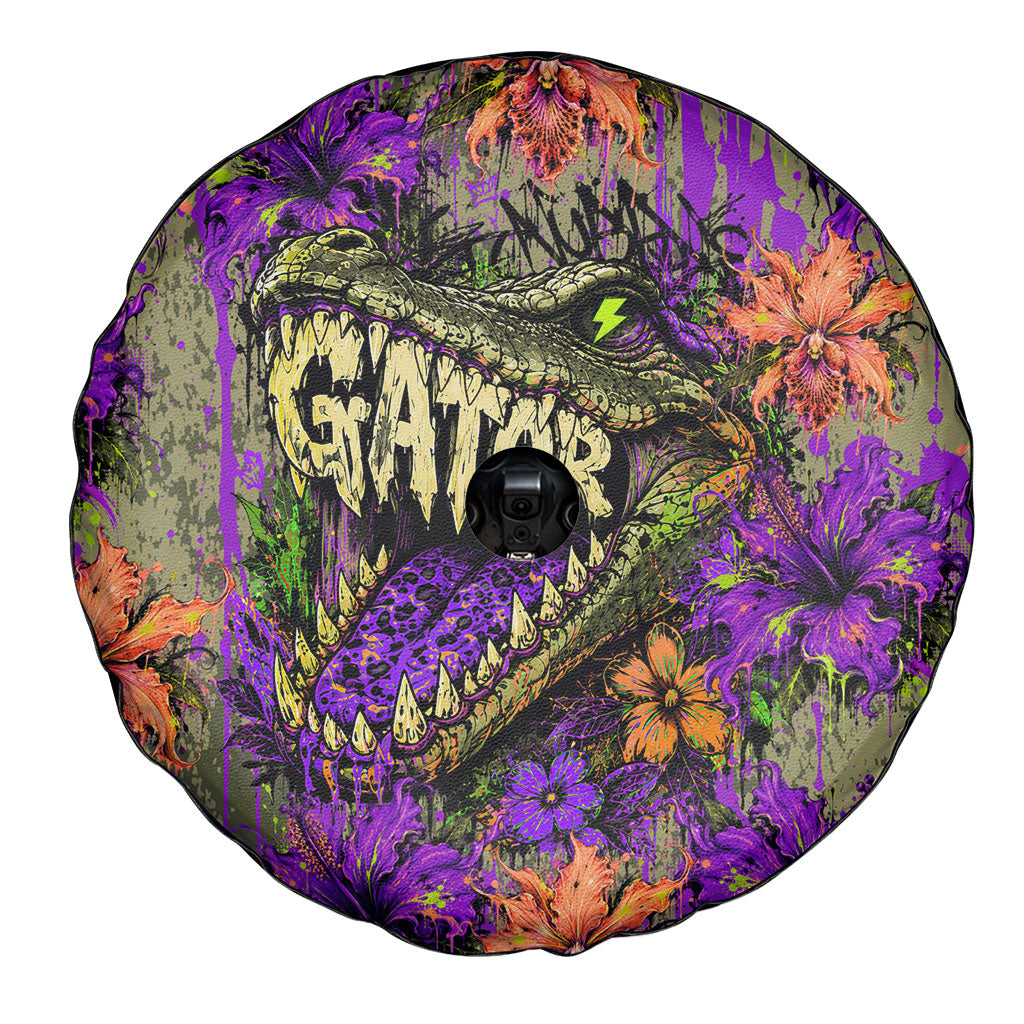 Florida Gator Wild Airboat Spare Tire Cover Tropical Hibiscus Floral Graffiti Paint Splatter Art