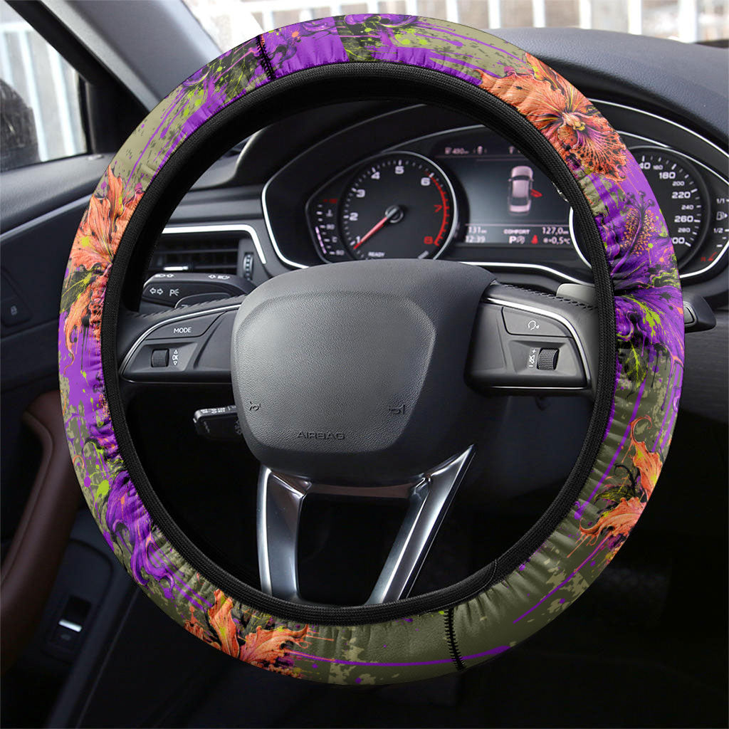 Florida Gator Wild Airboat Steering Wheel Cover Tropical Hibiscus Floral Graffiti Paint Splatter Art