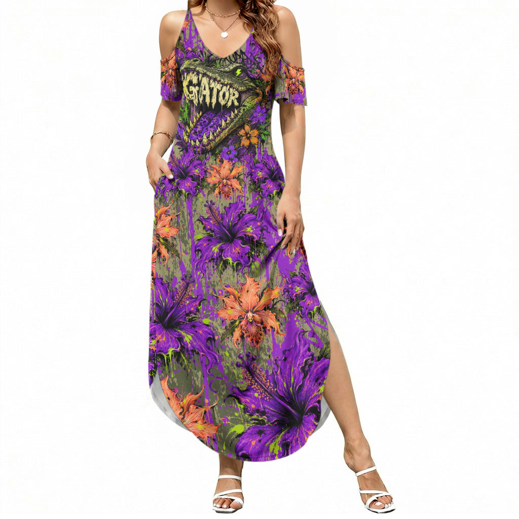 Florida Gator Wild Airboat Summer Maxi Dress Tropical Hibiscus Floral Graffiti Paint Splatter Art