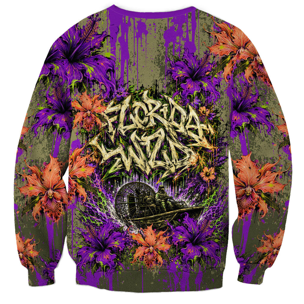 Florida Gator Wild Airboat Sweatshirt Tropical Hibiscus Floral Graffiti Paint Splatter Art