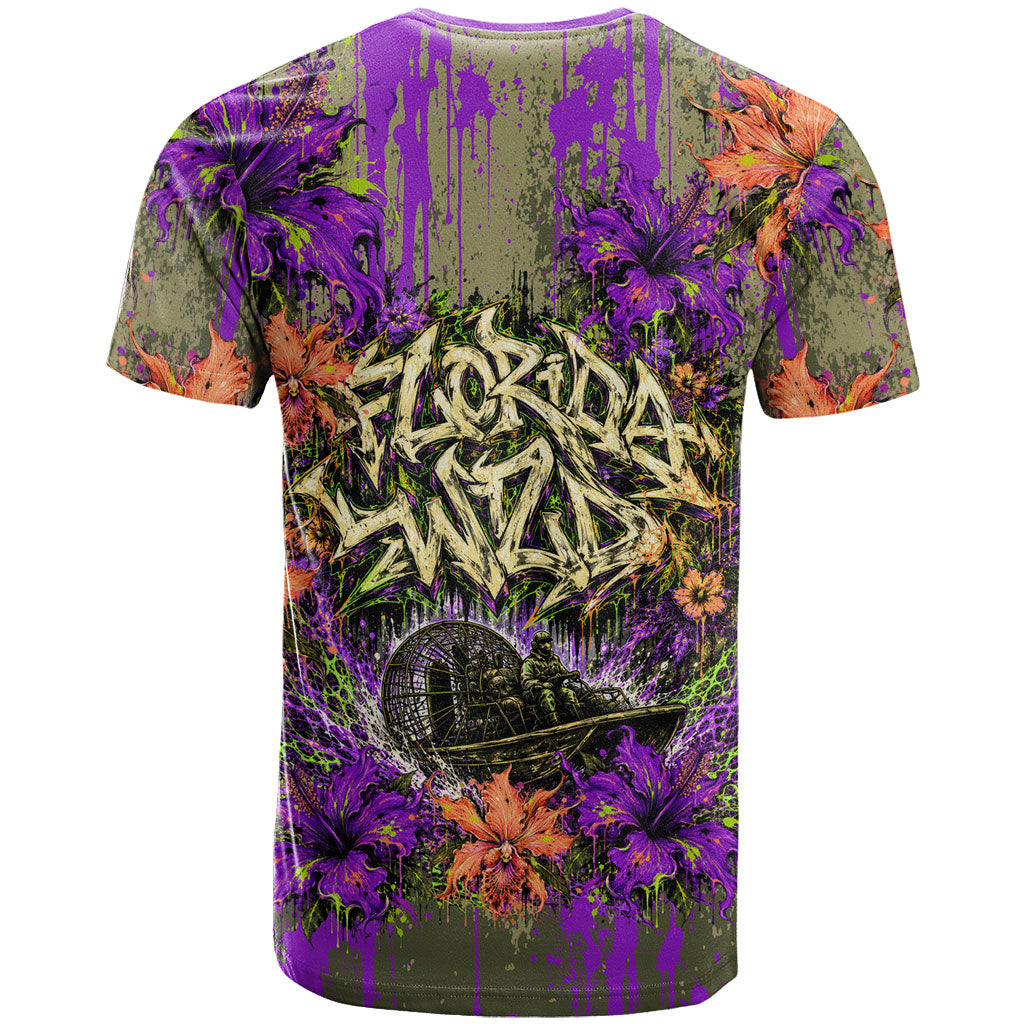 Florida Gator Wild Airboat T Shirt Tropical Hibiscus Floral Graffiti Paint Splatter Art