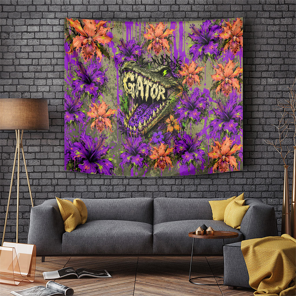 Florida Gator Wild Airboat Tapestry Tropical Hibiscus Floral Graffiti Paint Splatter Art