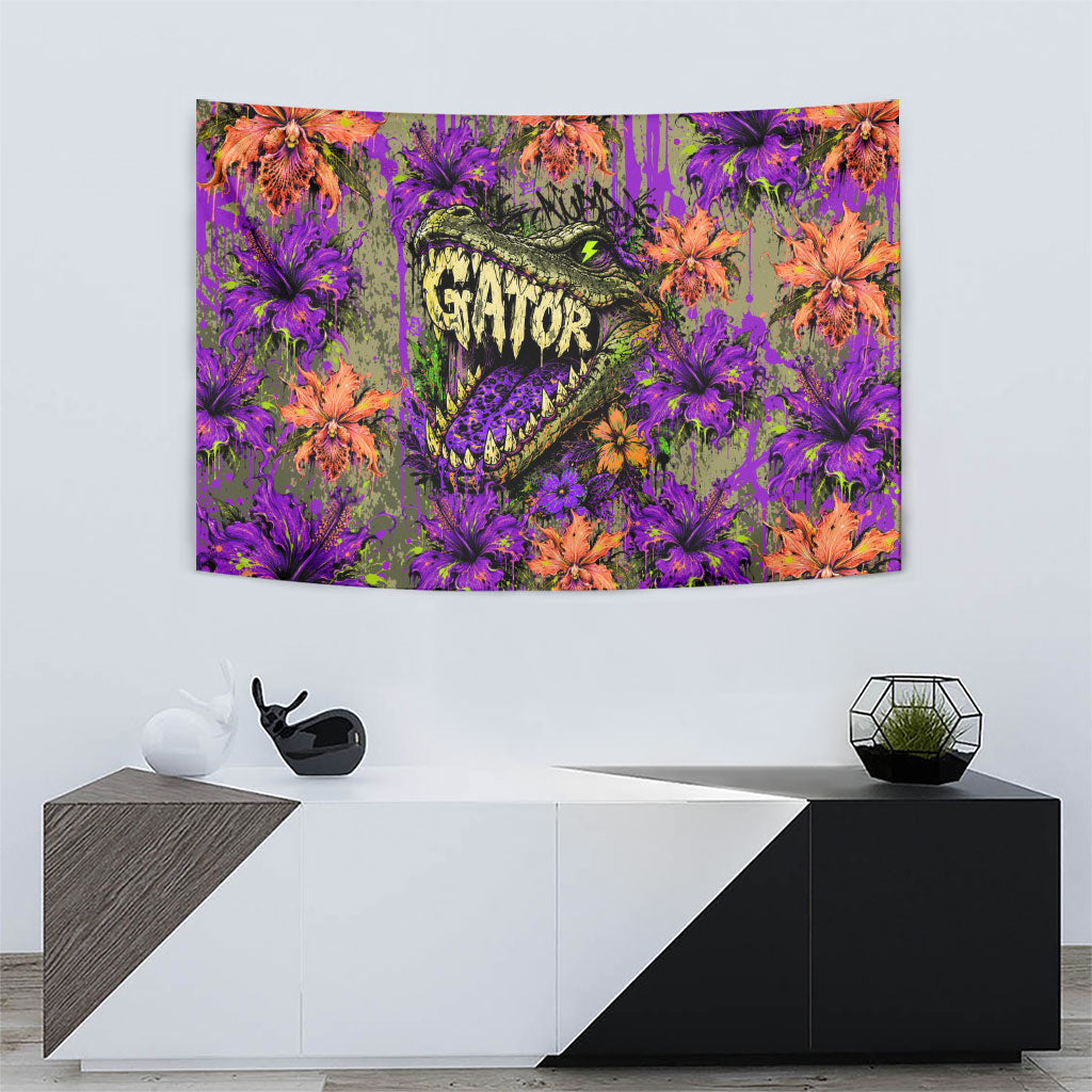 Florida Gator Wild Airboat Tapestry Tropical Hibiscus Floral Graffiti Paint Splatter Art