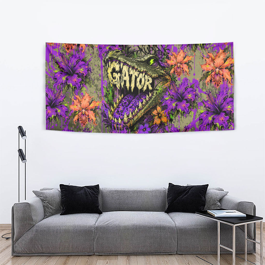 Florida Gator Wild Airboat Tapestry Tropical Hibiscus Floral Graffiti Paint Splatter Art
