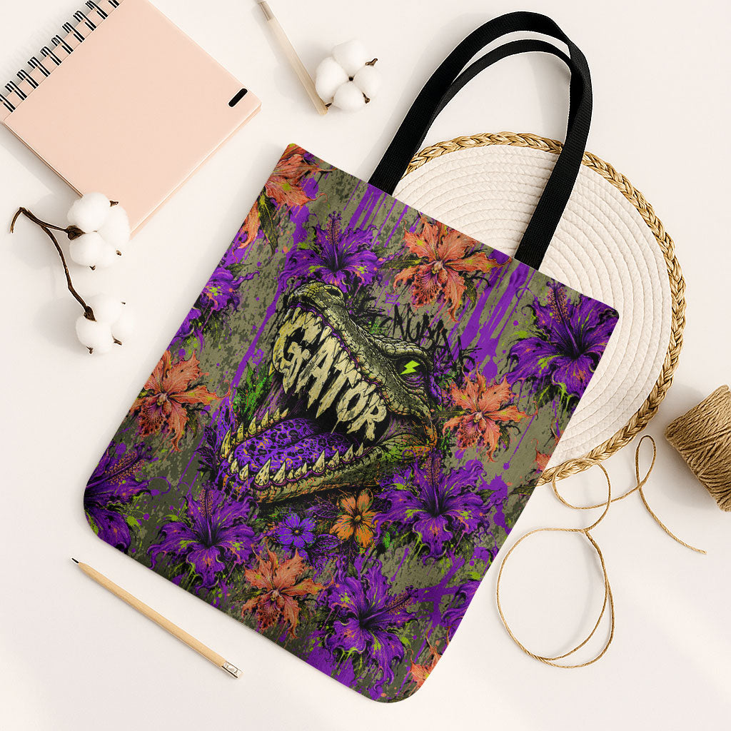 Florida Gator Wild Airboat Tote Bag Tropical Hibiscus Floral Graffiti Paint Splatter Art