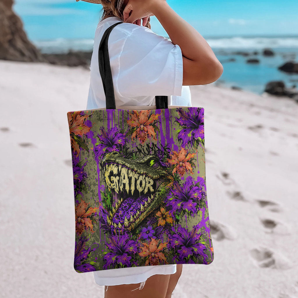 Florida Gator Wild Airboat Tote Bag Tropical Hibiscus Floral Graffiti Paint Splatter Art