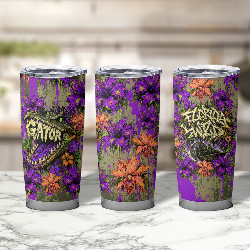 Florida Gator Wild Airboat Tumbler Cup Tropical Hibiscus Floral Graffiti Paint Splatter Art